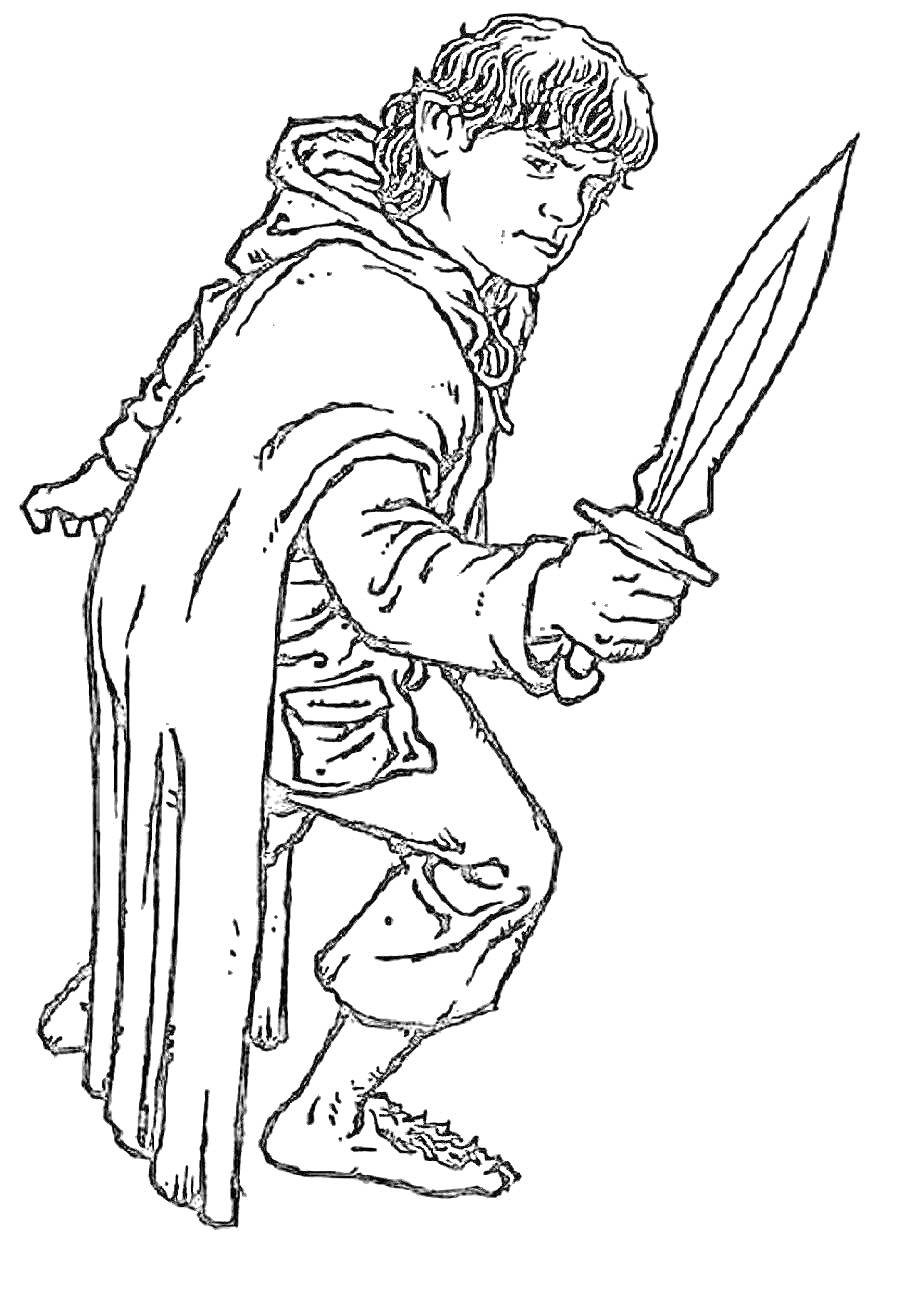 Раскраска Хоббит с мечом в плаще