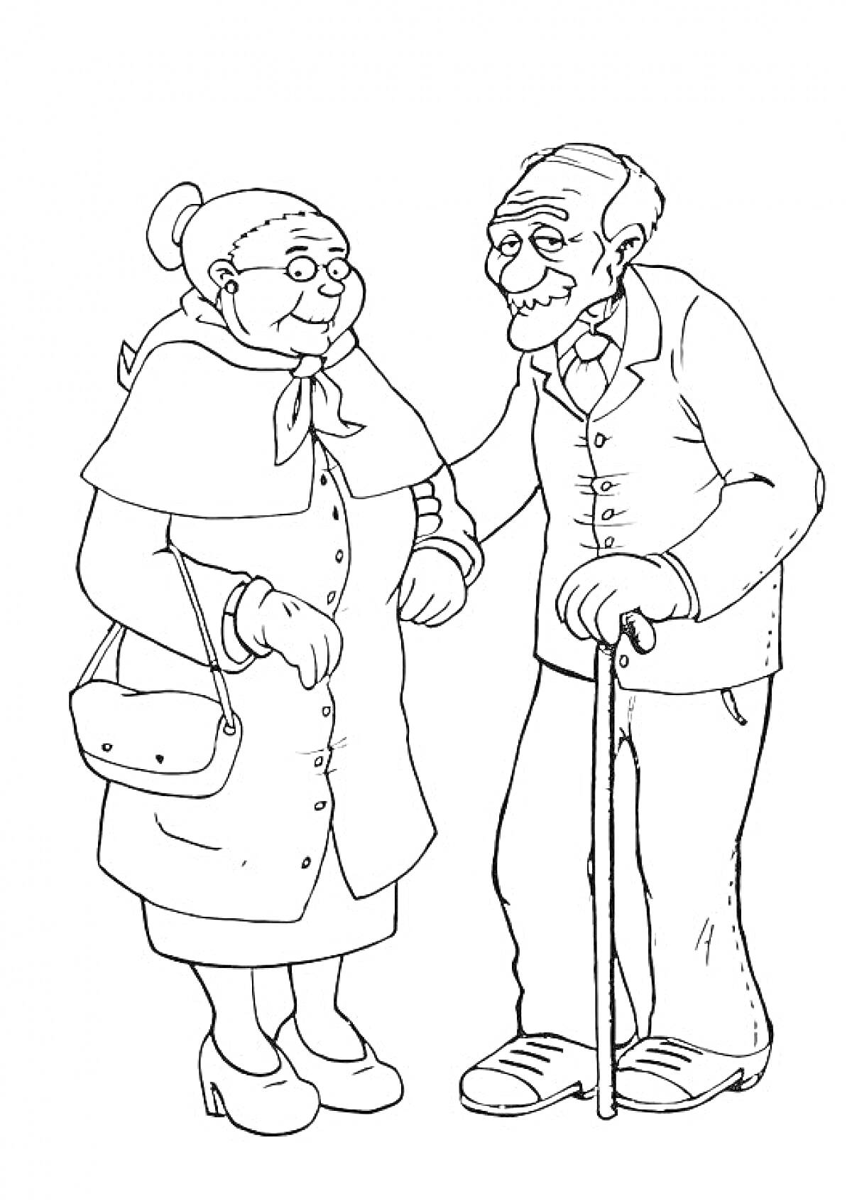Раскраска Пожилая пара: дедушка с тростью и бабушка с сумочкой