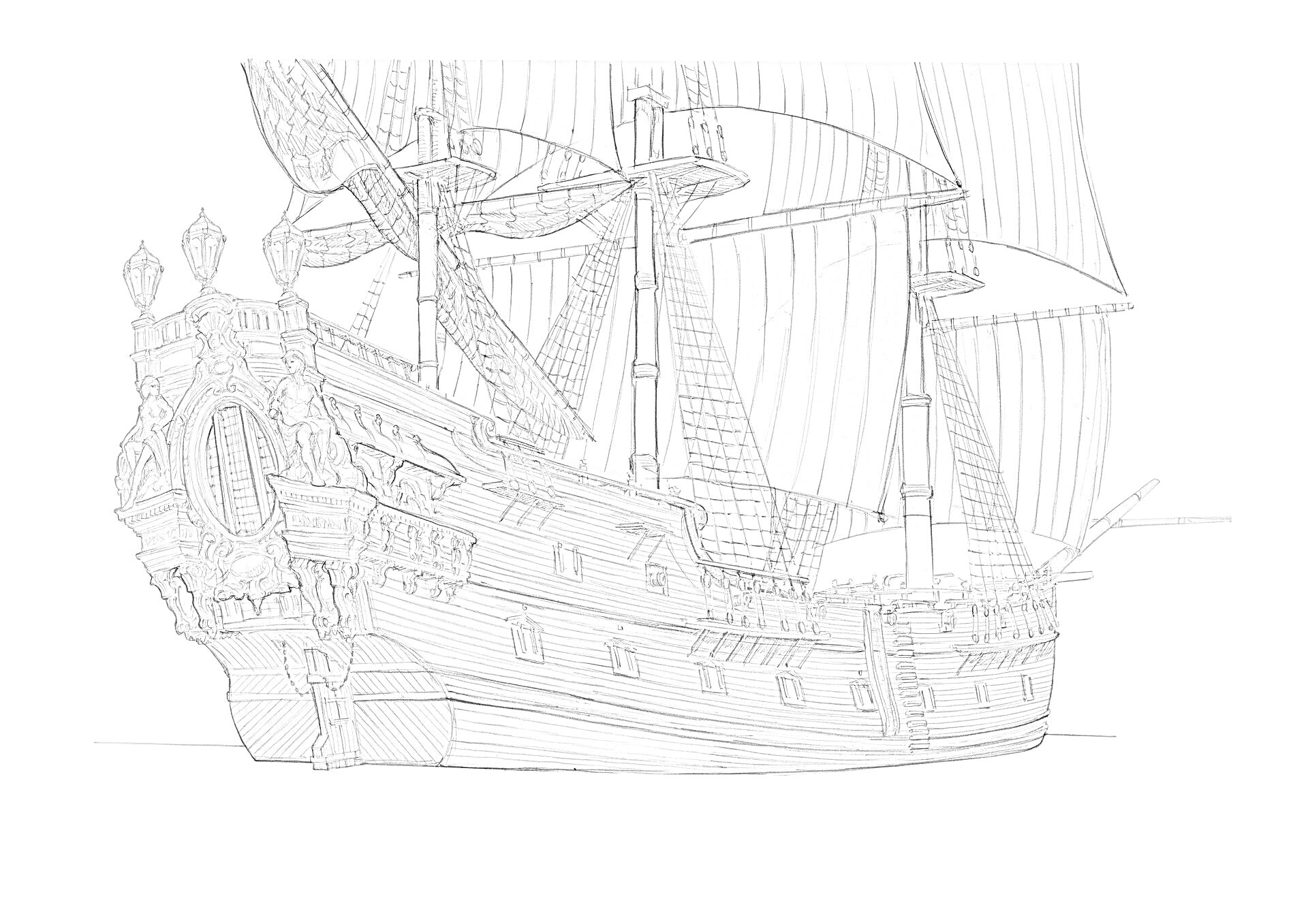 Парусный корабль с возвышающимися мачтами и декоративной гравировкой на корме