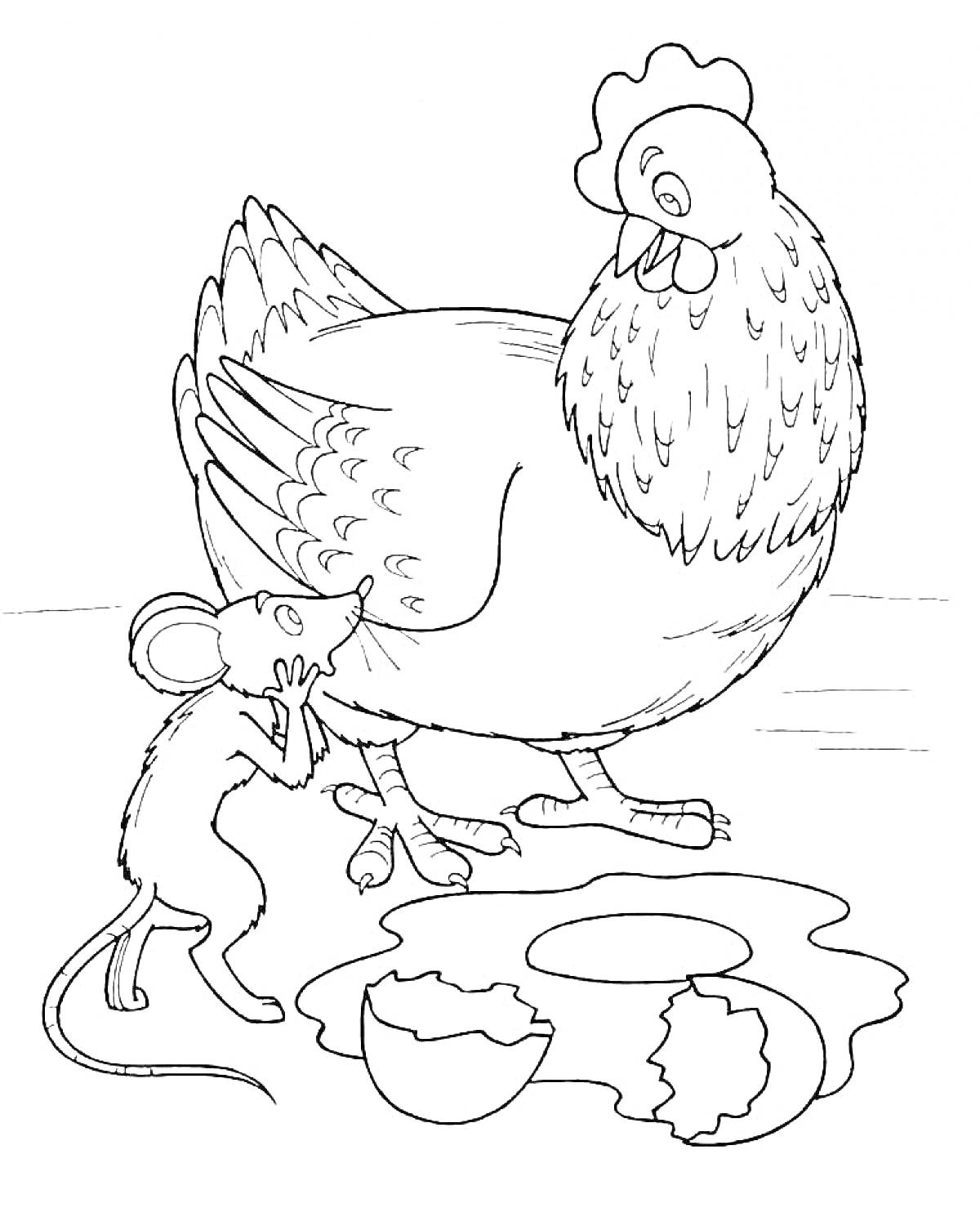 Раскраска Курица и мышка рядом с разбитым яйцом
