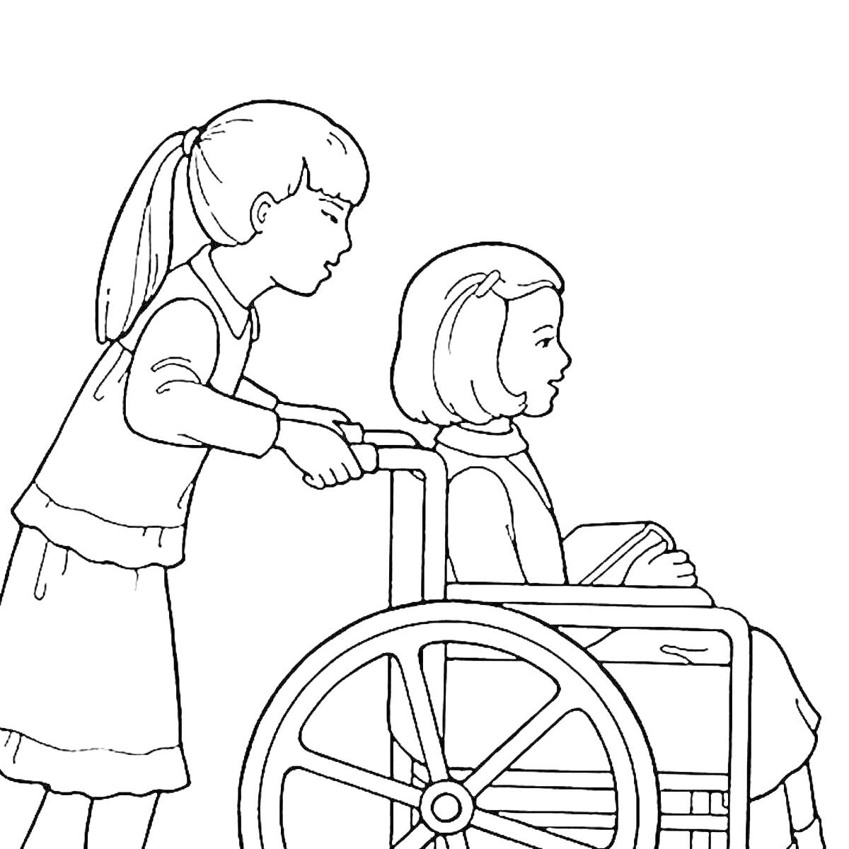 На раскраске изображено: Девочка, Инвалидное кресло, Помощь, Доброта, Забота, Милосердие, Детство, Дружба