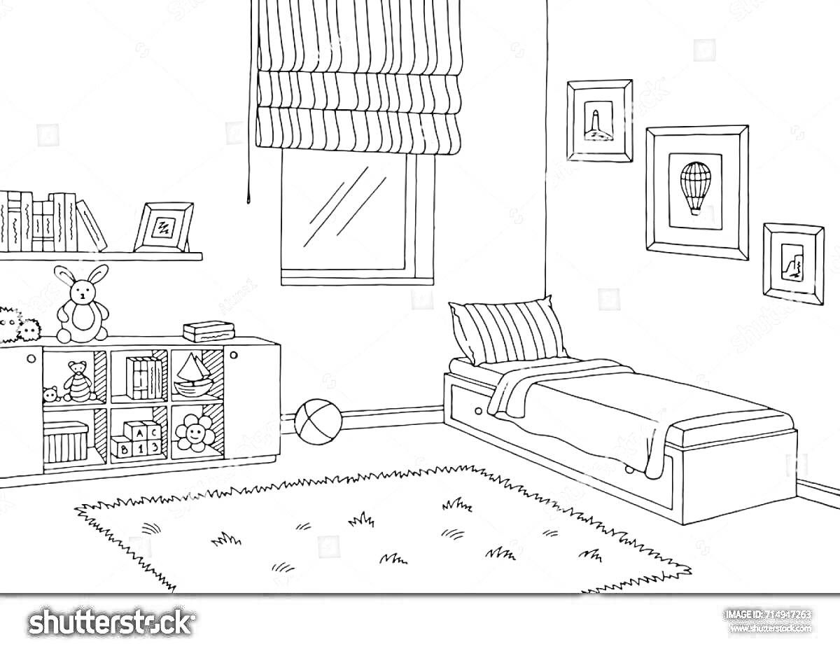  My Room Coloring – Bed, Shelves, Window, Drawings