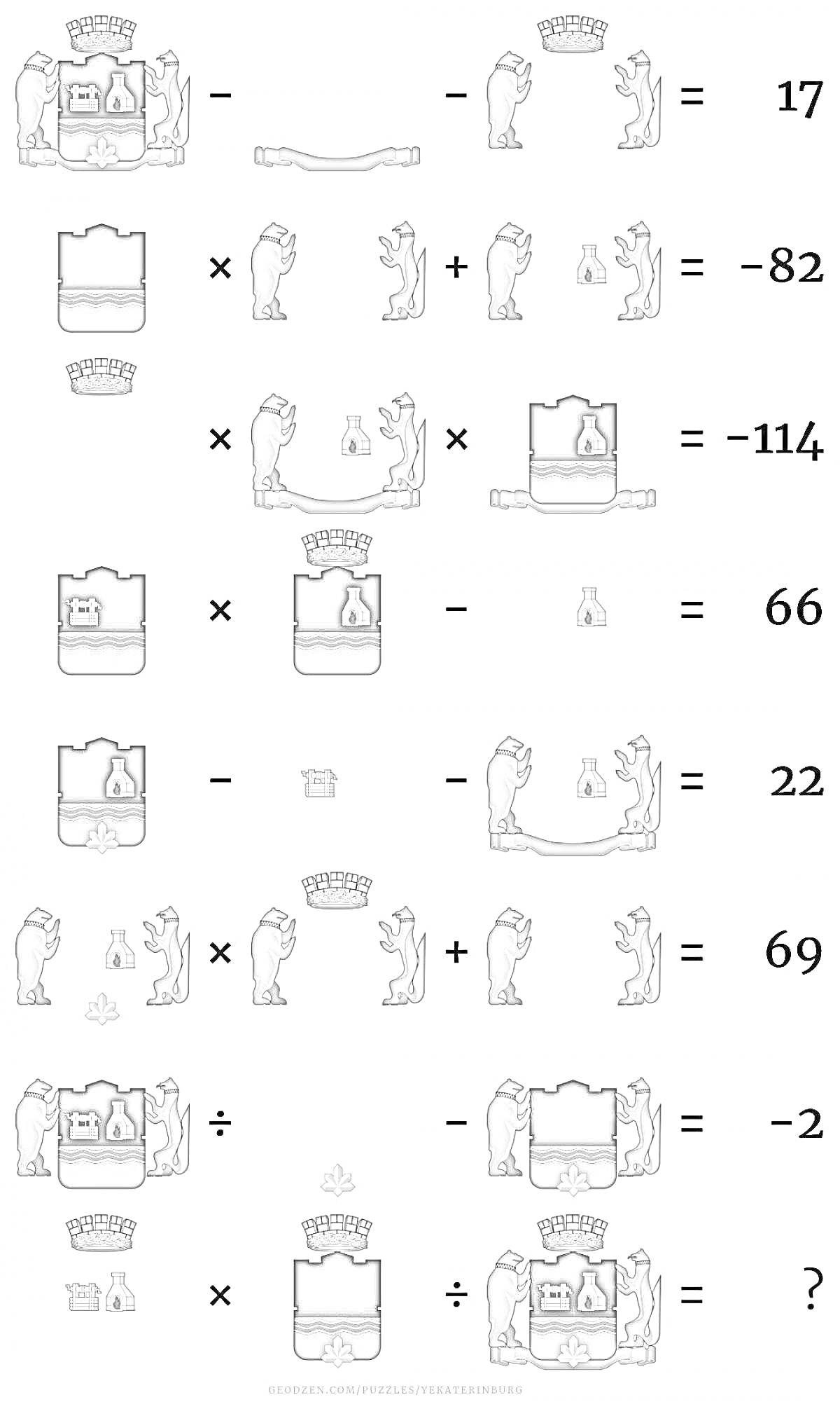 Раскраска Арифметическая задача с использованием элементов герба Екатеринбурга, таких как медведи, щит с символикой и шапка