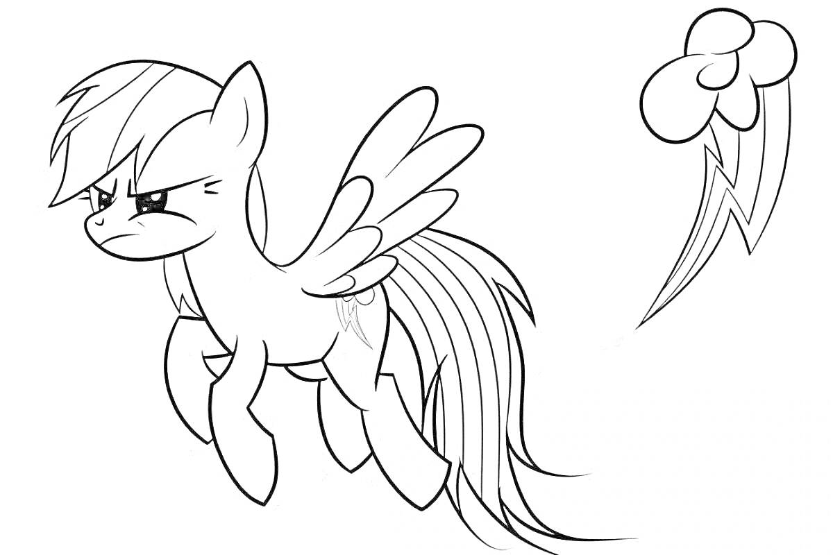 Раскраска Пони с крыльями элемента шоу My Little Pony, взлетающая и рядом с изображением эмблемы облака с молнией