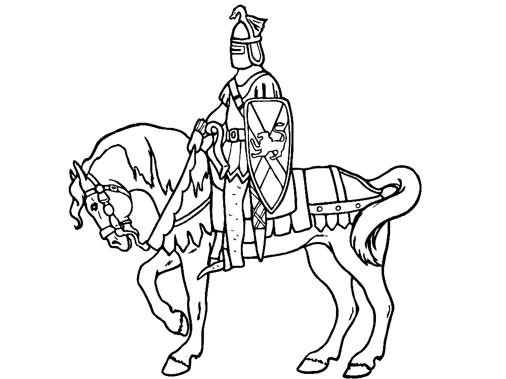 На раскраске изображено: Конь, Доспехи, Меч, Щит, Средневековье, Рыцари