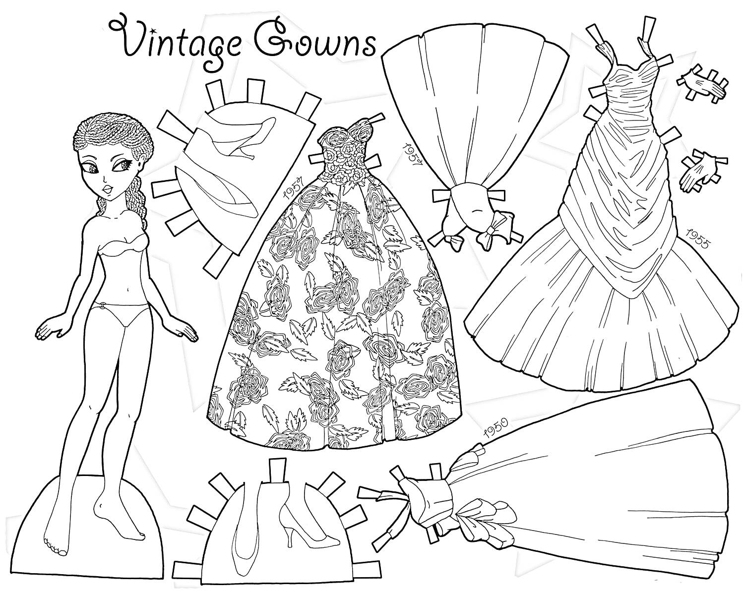 Раскраска Бумажная кукла с винтажными платьями. Включает куклу, стойку, туфли на каблуке, платье с цветочным рисунком, длинное платье с широким низом, платье с драпировкой, платье с бантами.
