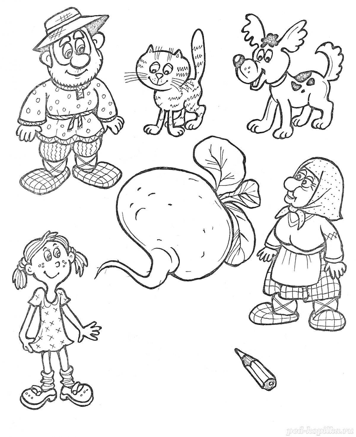 Раскраска Репка, персонажи: дед, бабка, внучка, кошка, собака, репка, карандаш