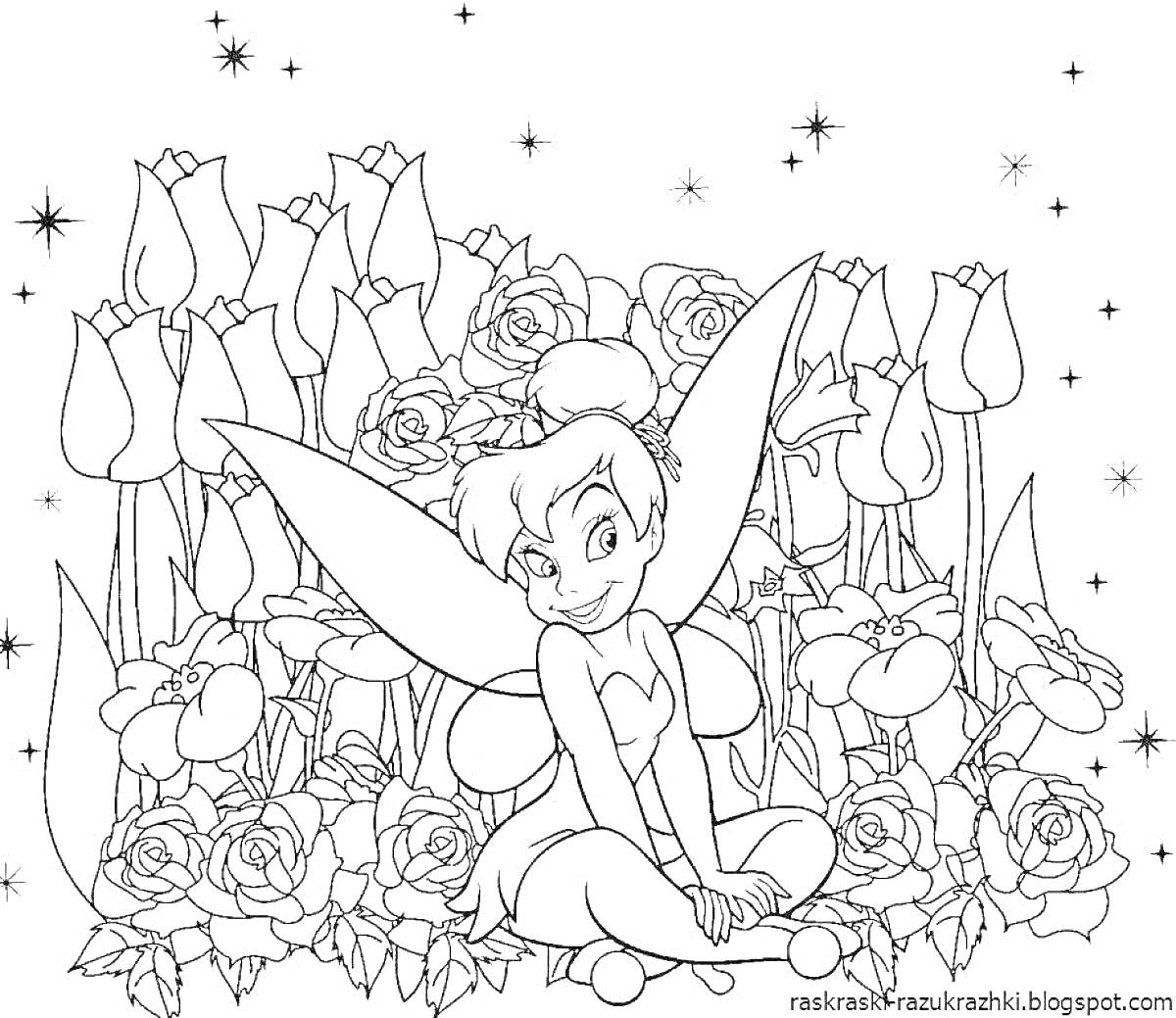 На раскраске изображено: Фея, Цветы, Розы, Тюльпаны, Звезды, Природа, Сказочные персонажи