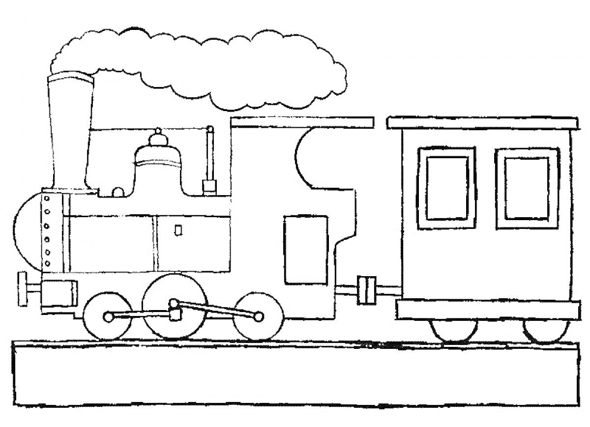 На раскраске изображено: Паровоз, Поезд, Рельсы, Транспорт, Дым, Для детей, Вагоны, Колеса
