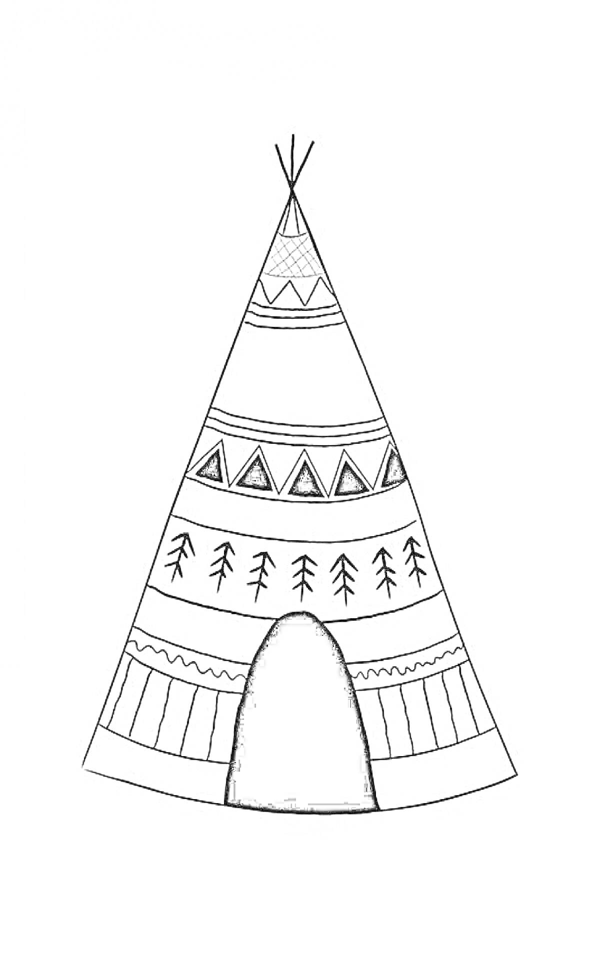 На раскраске изображено: Чум, Геометрические узоры, Вход, Треугольники