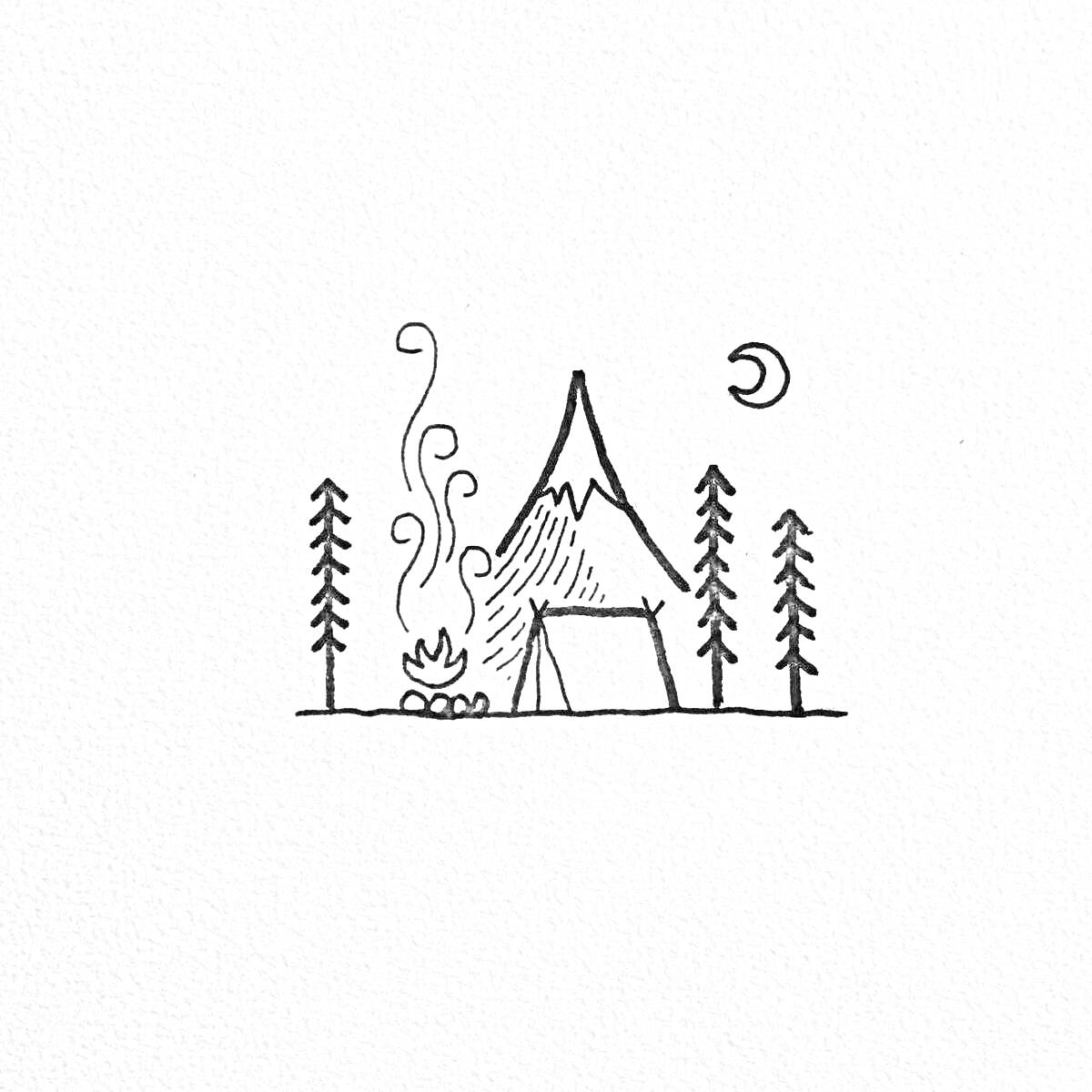 Раскраска Палатка у костра с деревьями, горой и луной