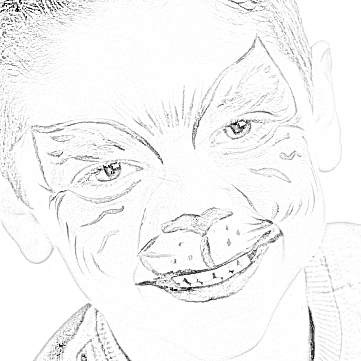 Раскраска Раскрашеное лицо мальчика в образе кошки. Контуры меха и деталей на лбу, щеках и вокруг глаз, нос черный с белыми пятнами, губы черные.