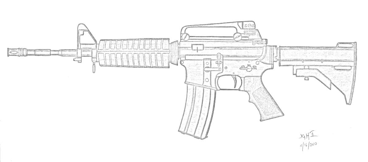 Раскраска Раскраска винтовки М416 с деталями ручки, приклада, магазина и прицела
