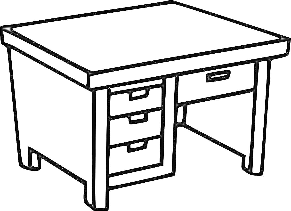 На раскраске изображено: Стол, Ящики, Мебель, Полки, Контурные рисунки