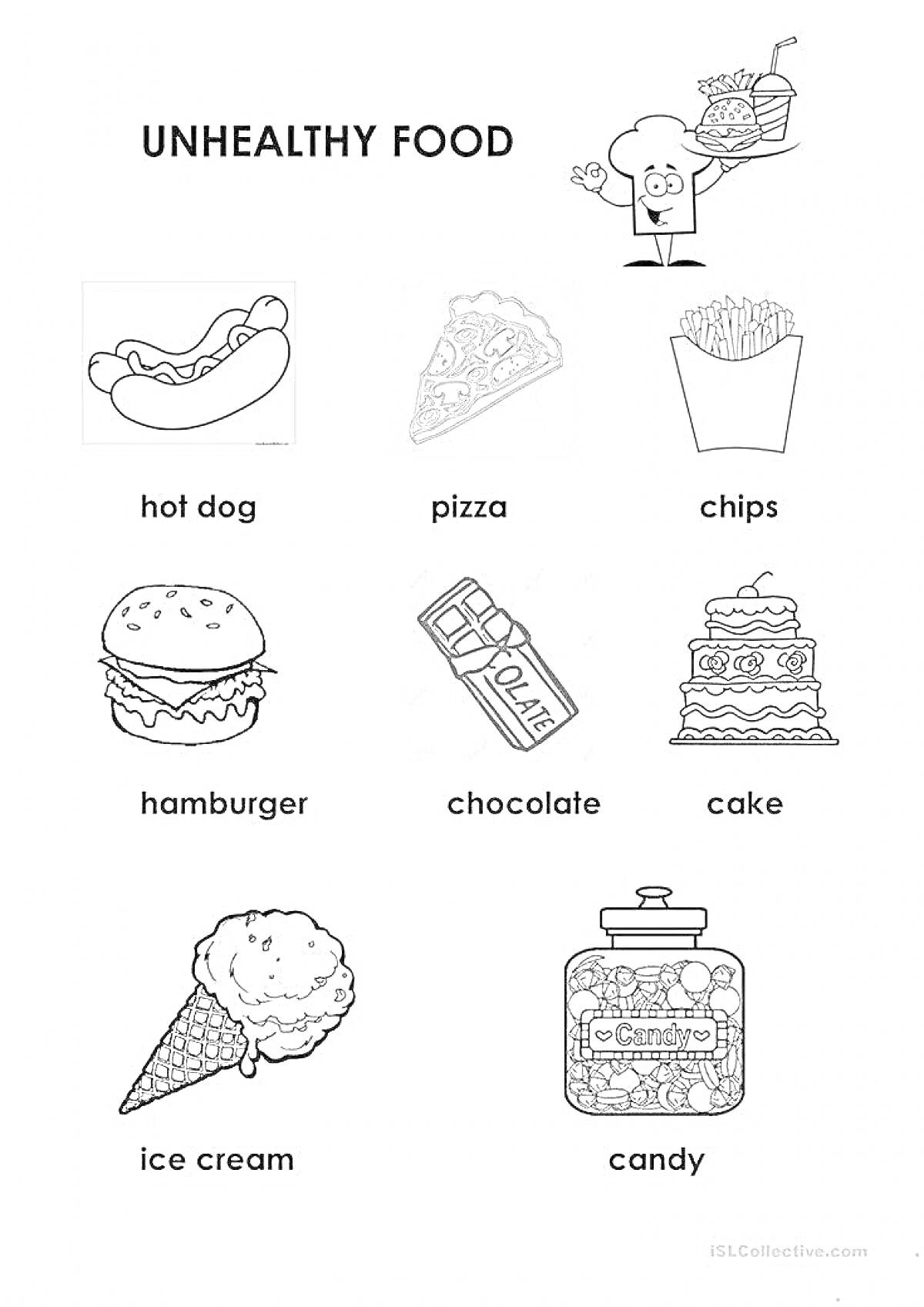 Раскраска Unhealthy Food (hot dog, pizza, chips, hamburger, chocolate, cake, ice cream, candy)