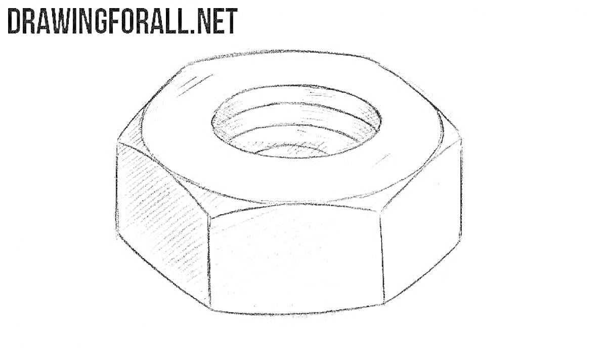 Раскраска Гайка с внутренней резьбой, черно-белый рисунок.