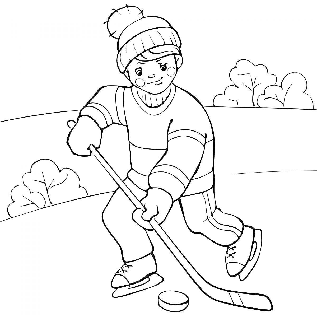 Раскраска Мальчик играет в хоккей на льду в зимней одежде с клюшкой и шайбой, на заднем плане кусты и снег