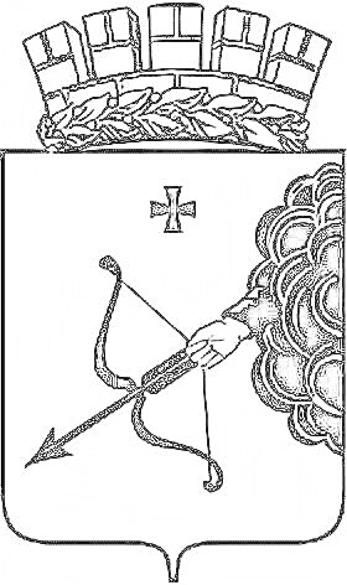 Раскраска Герб Кирова: крепостная стена, пятибашенная корона, пеньковая веревка, крест, рука в доспехах с луком и стрелой, направленной вниз, облако