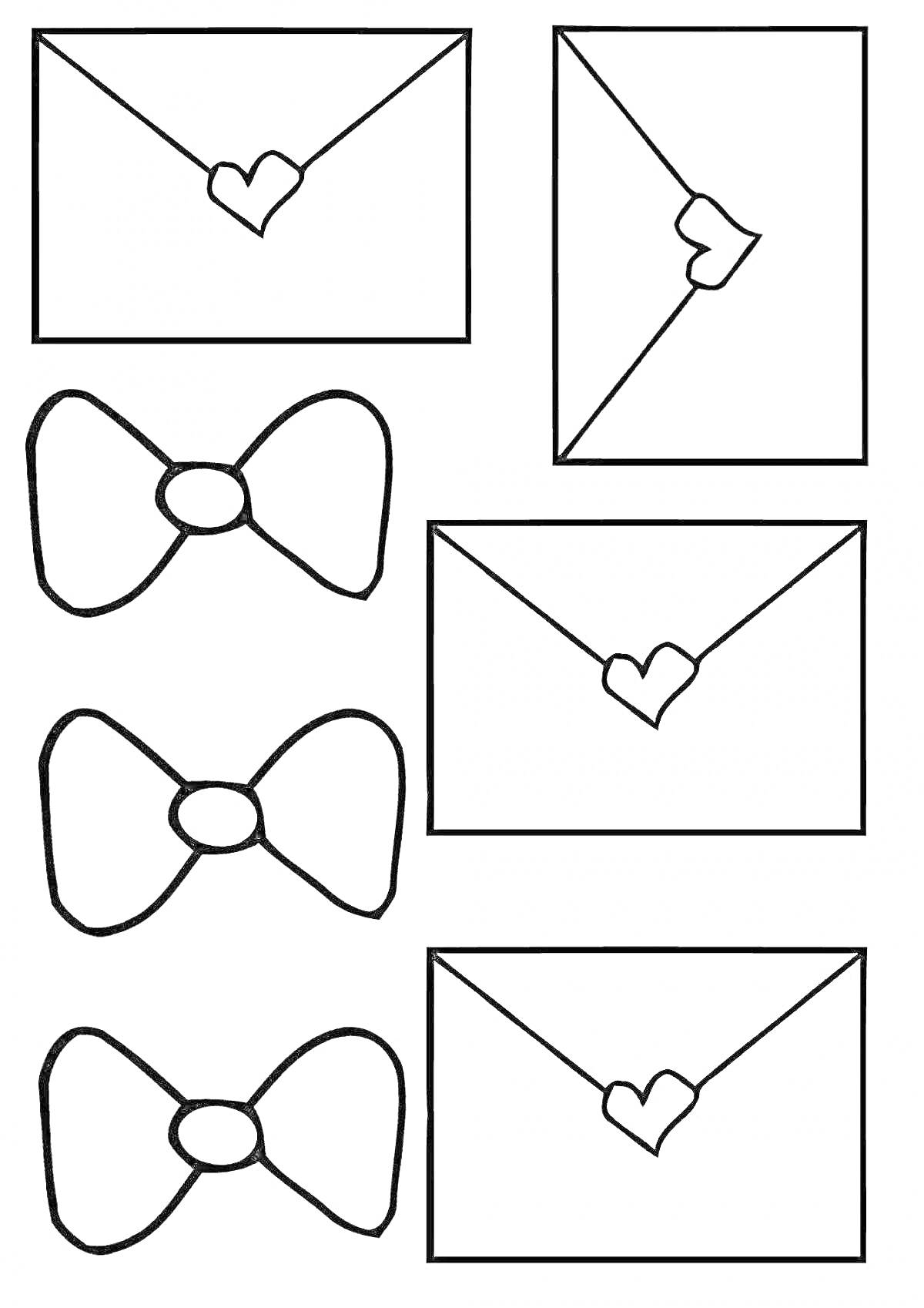 Раскраска Конверты с бантиками и сердечками