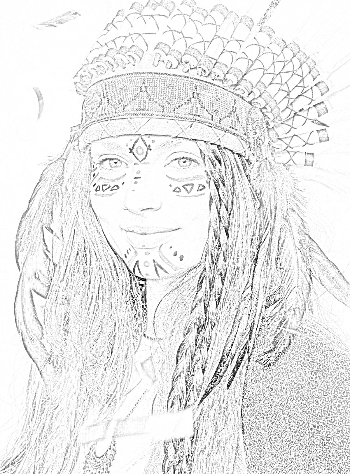 На раскраске изображено: Индейцы, Перья, Лицо, Женщина, Коса, Головные уборы