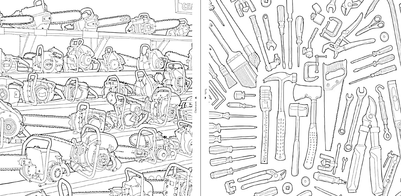 Раскраска Пила и инструменты - коллекция бензопил и ручных инструментов