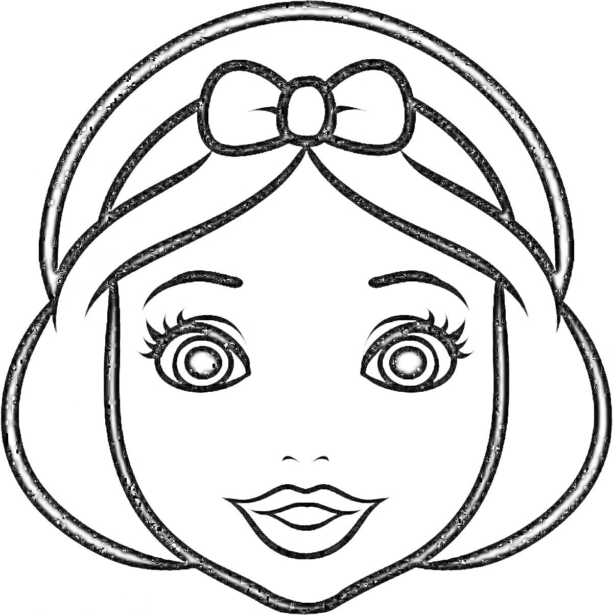 Раскраска Лицо девушки с большими глазами, прической и бантом на голове