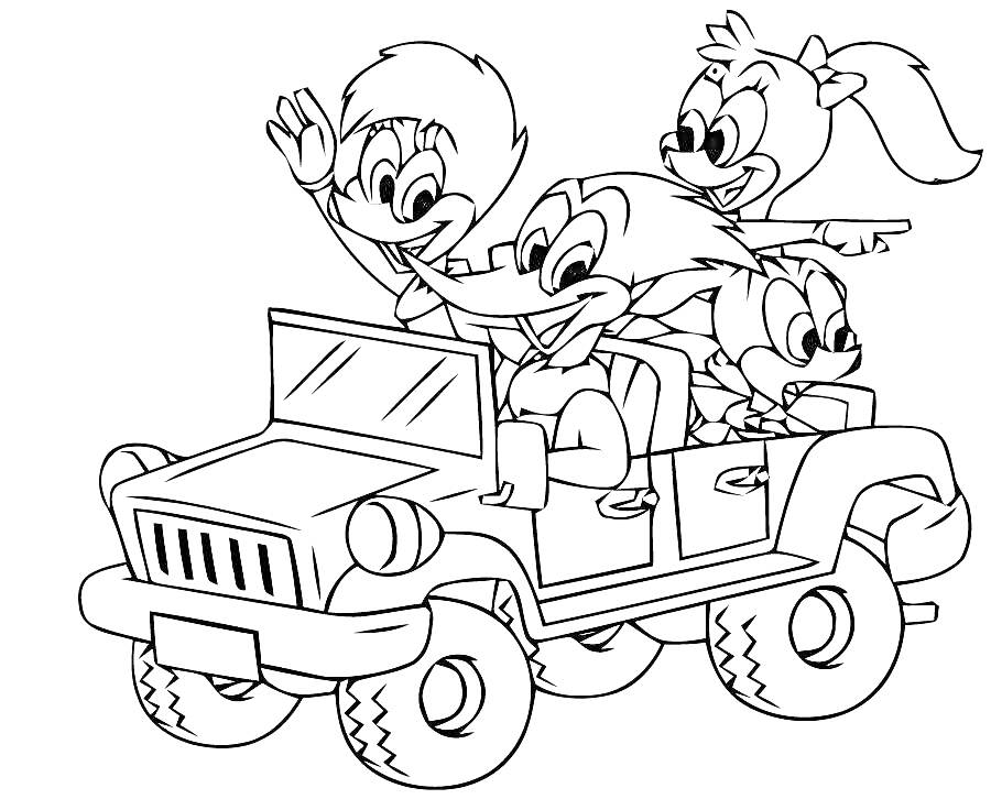 Раскраска Вуди и его друзья в автомобиле