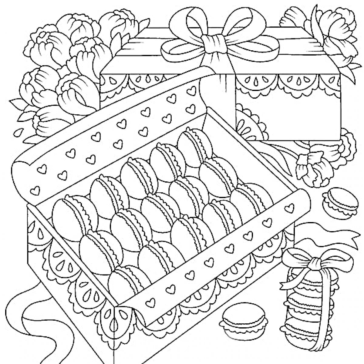 Раскраска Коробки подарков с макаронами, цветы, ленточки и банты