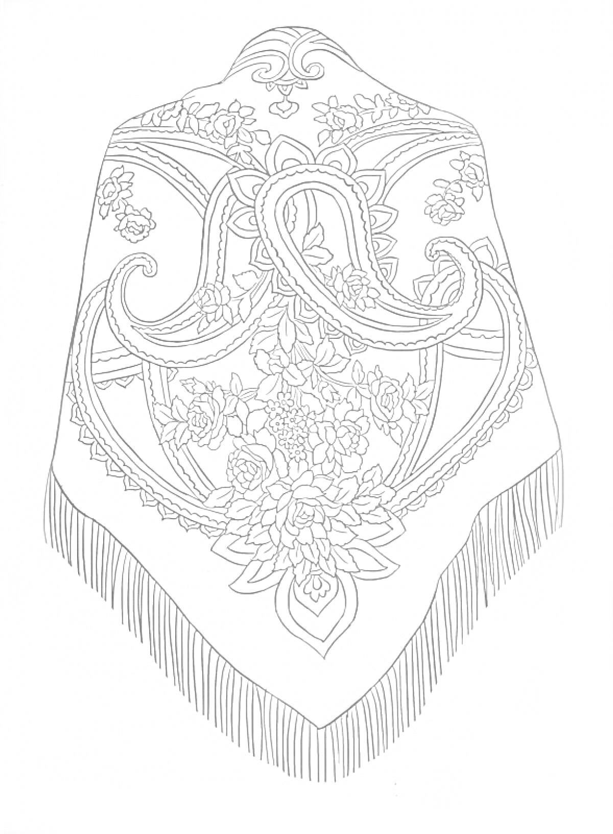 Раскраска Платок с узором из цветов, вензелей и бахромы