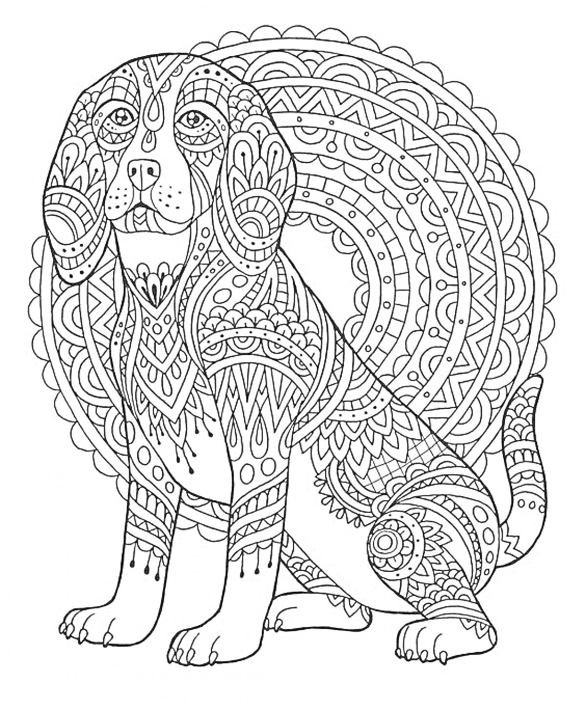 Раскраска Антистресс - Собака с декоративным узором на фоне мандалы