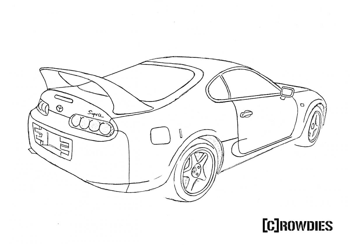 На раскраске изображено: Тойота супра, Спорткар, Спойлер, Фары, Колёса, Дверь, Авто