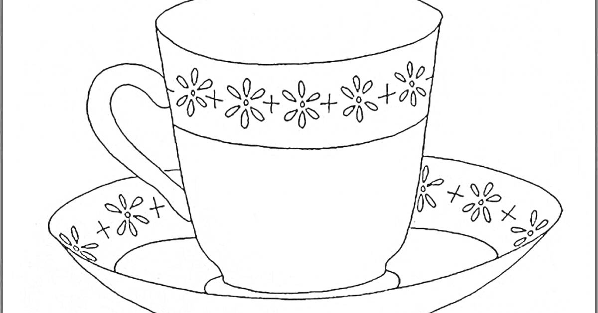 Раскраска Чашка и блюдце с цветочным орнаментом