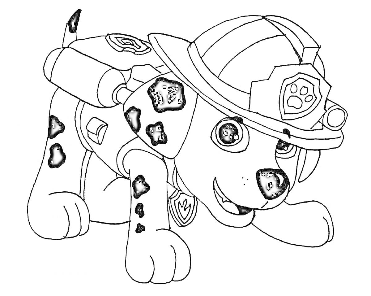 Раскраска Щенок-спасатель с пожарной каской и рюкзаком