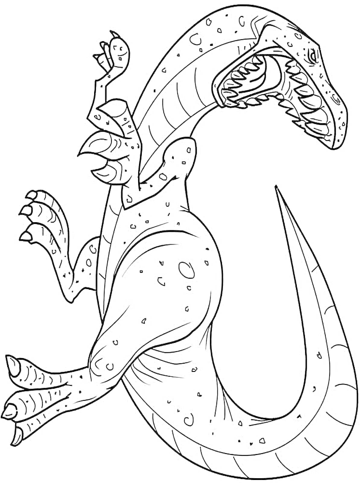 Раскраска Динозавр с длинным хвостом и открытой пастью, на теле участки кожи с неровными краями