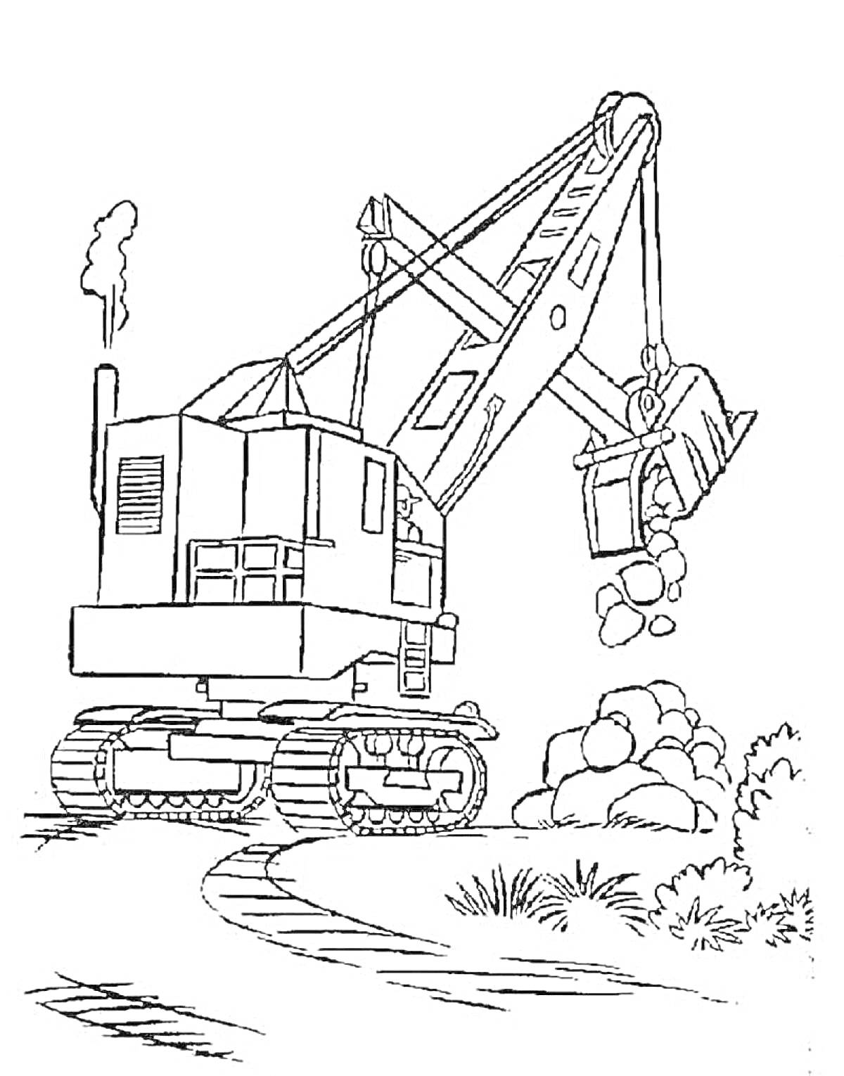 Раскраска Экскаватор на гусеницах поднял ковш с камнями, рядом кусты и камни