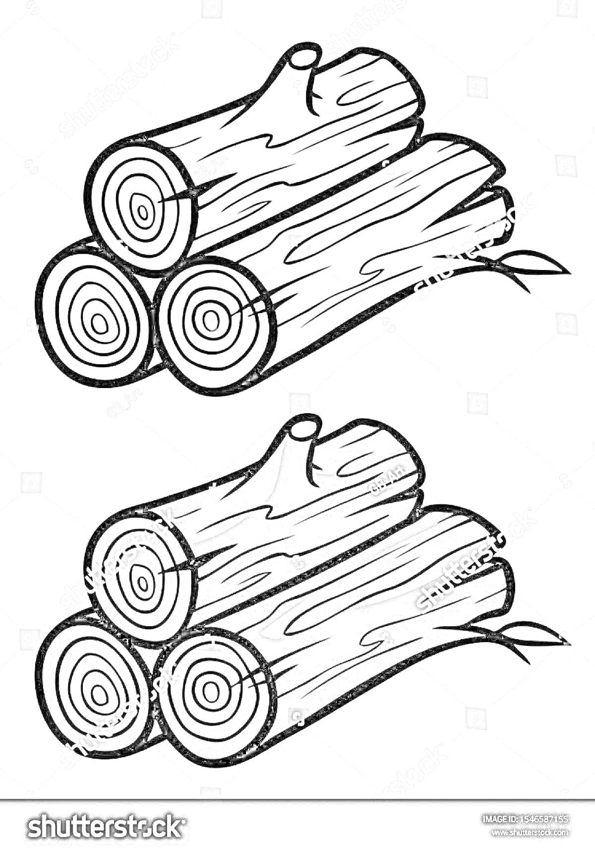 Раскраска Сложенные дрова - две кучки бревен, одна нарисована линиями, другая - закрашенная