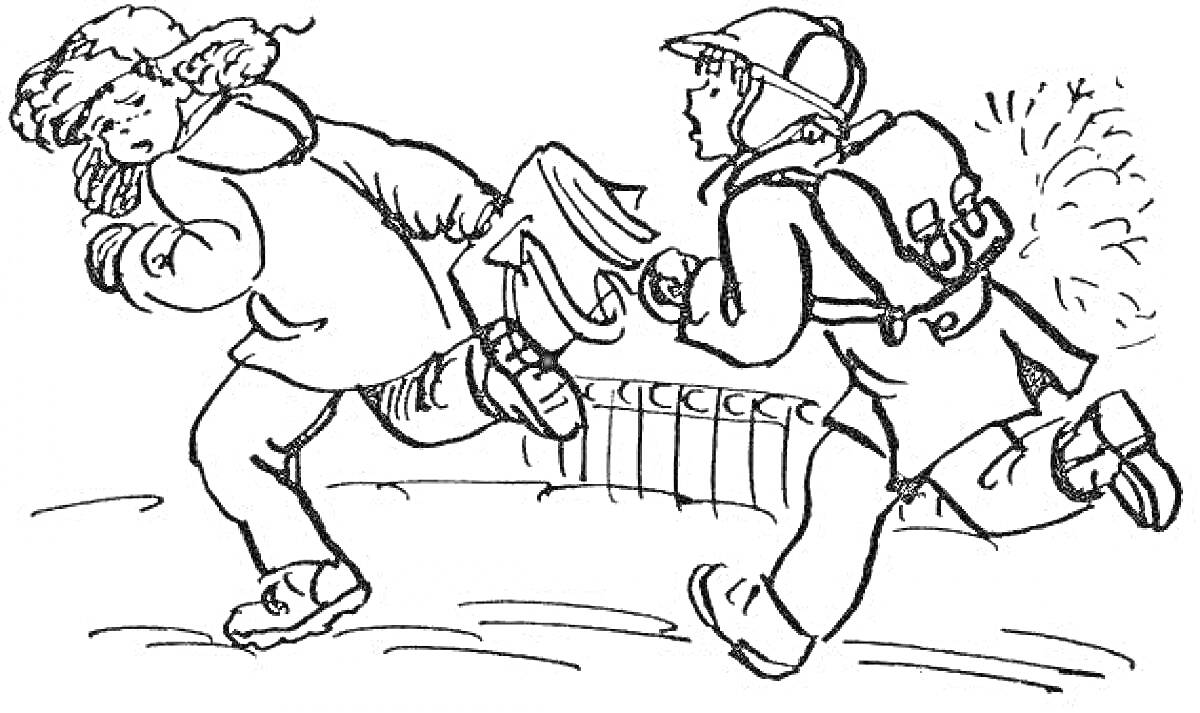 Раскраска Два школьника с рюкзаками бегут по дороге и дразнят друг друга