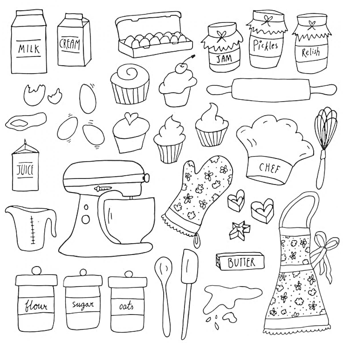 Раскраска кухонная утварь и ингредиенты: молоко, сливки, яйца, джем, маринованные огурцы, желе, сок, мультиварка, венчик, перчатка повара, торт, кексы, половник, фартук, мука, сахар, овсянка, масло
