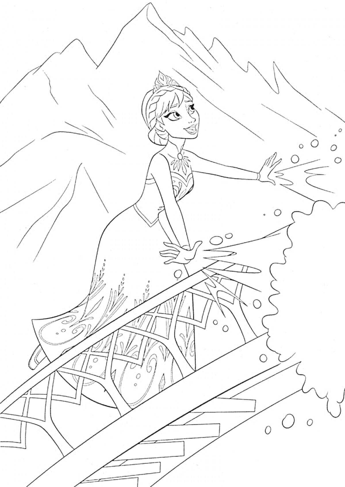 Раскраска Эльза на мосту с магией на фоне гор