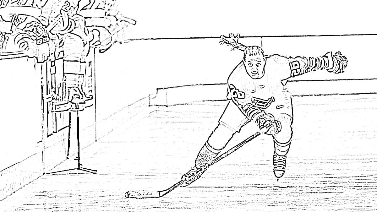 Раскраска Хоккеист атакует на льду с хоккейной клюшкой и шайбой, болельщики на трибунах