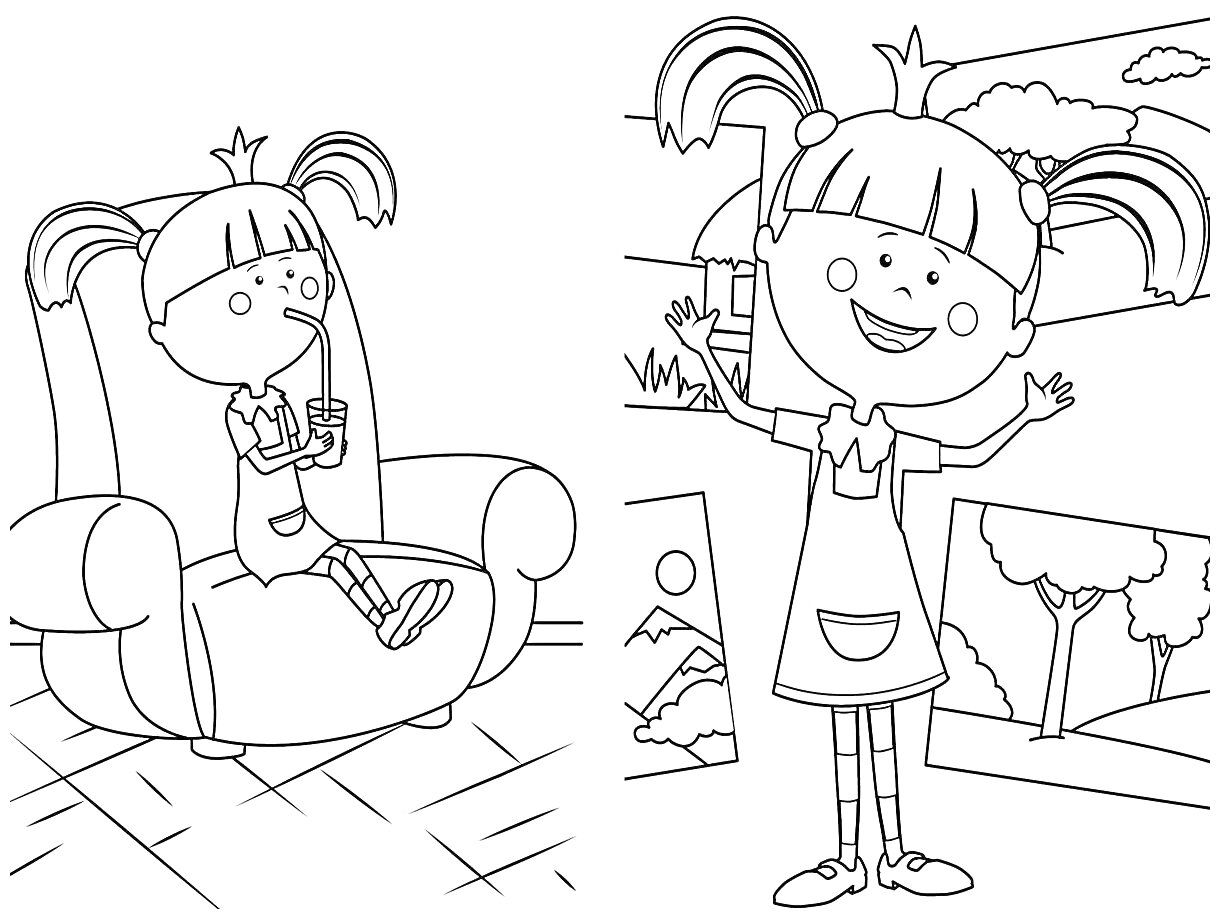 На раскраске изображено: Девочка, Два хвостика, Кресло, Пейзаж, Детские рисунки