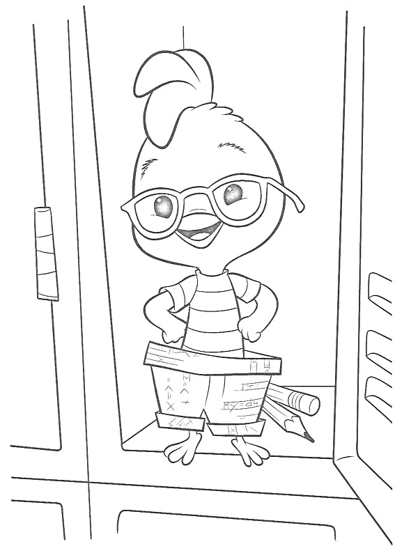 Раскраска Цыпленок Цыпа в очках и полосатой майке стоит в шкафчике с газетой и карандашом