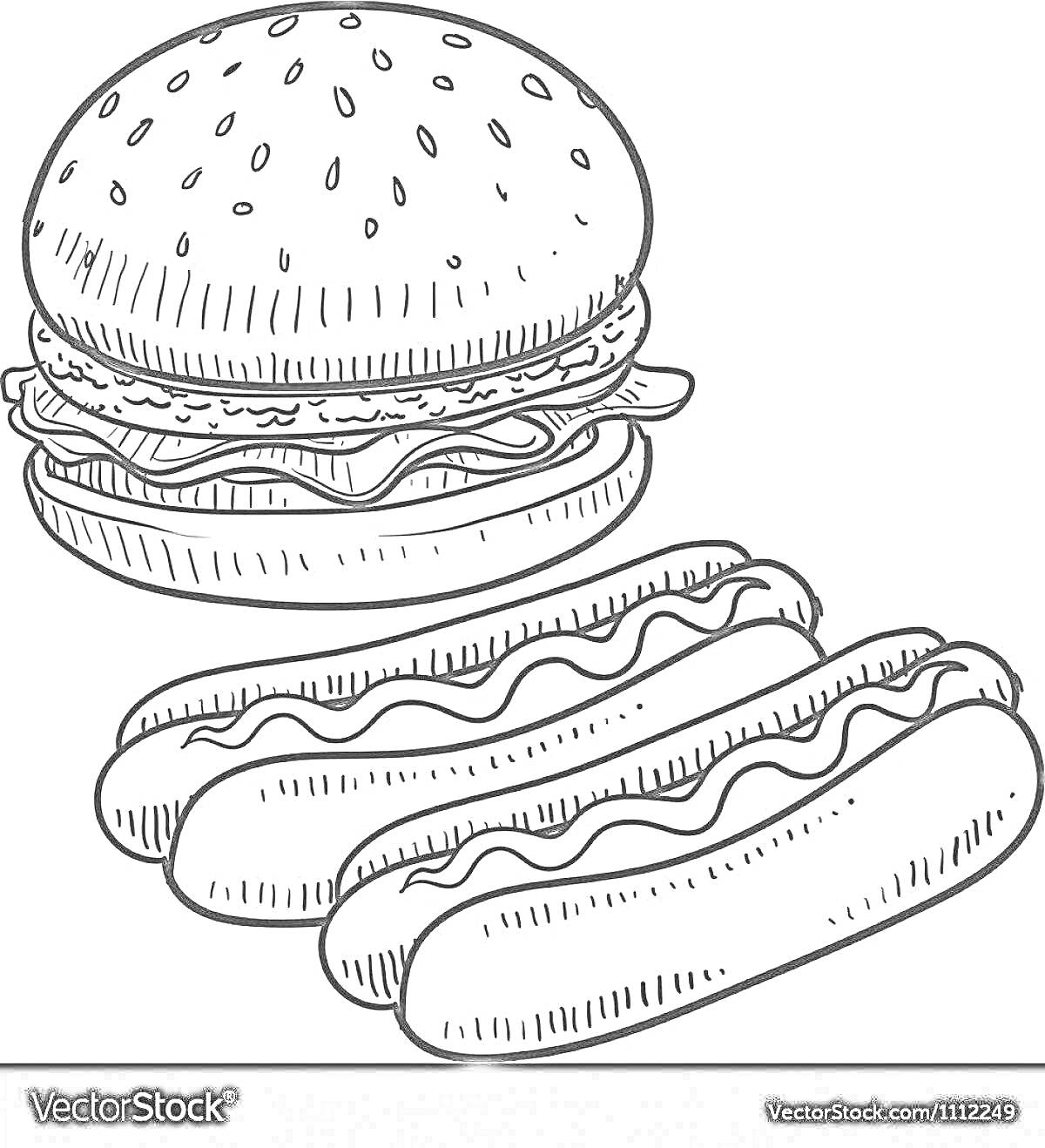 Раскраска Бургер с кунжутной булочкой, салатом и котлетой, рядом три хот-дога с сосисками в булках