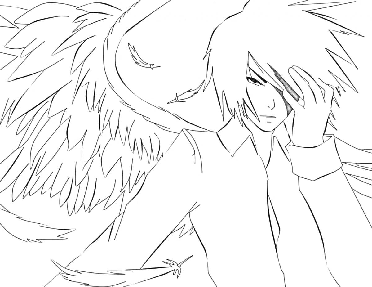 Раскраска аниме мальчик с крыльями, закрывает глаз рукой