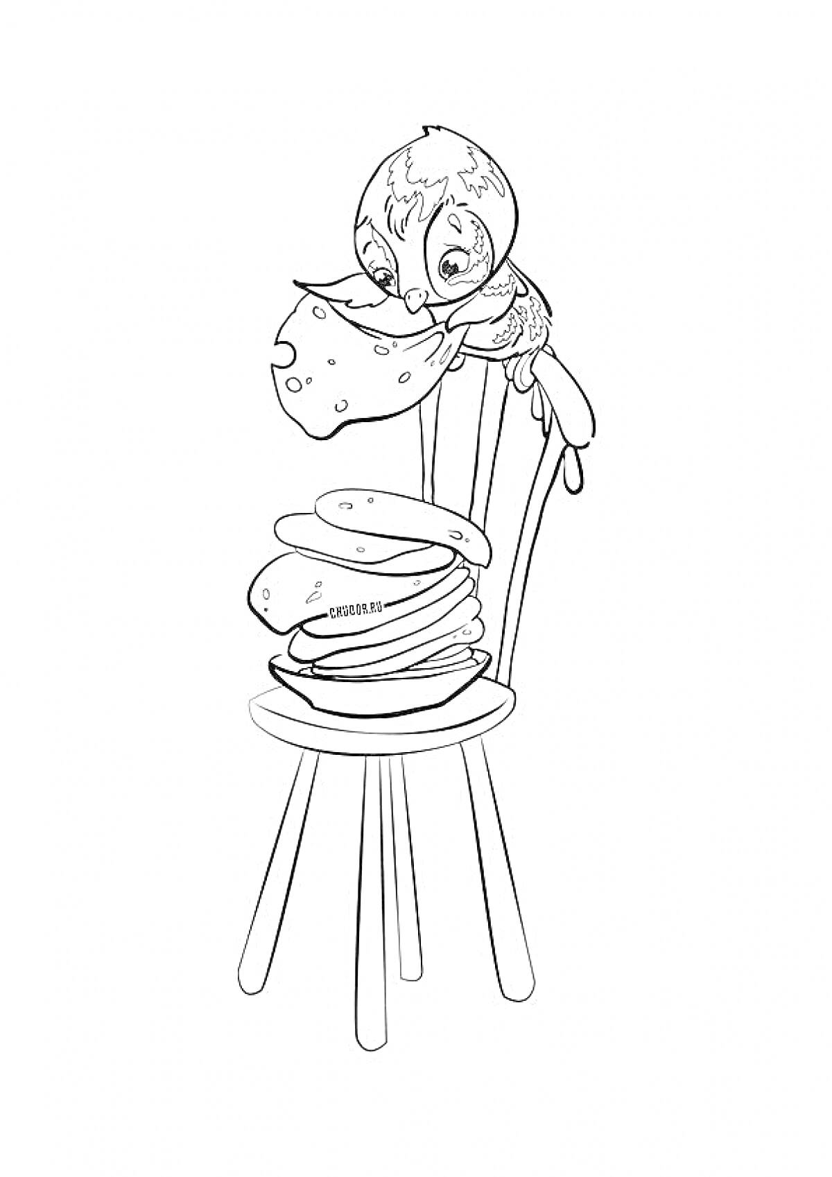 Раскраска Утенок с блинами на стуле