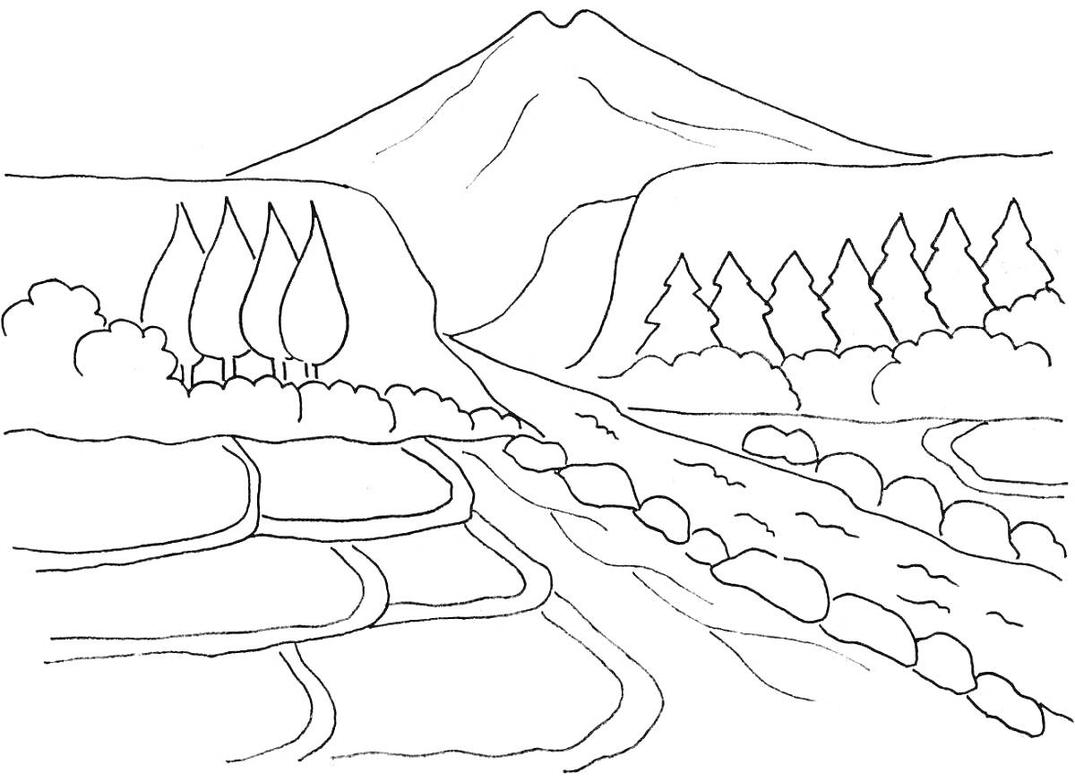 На раскраске изображено: Природа, Горы, Лес, Деревья, Река, Сельская местность, Пейзаж