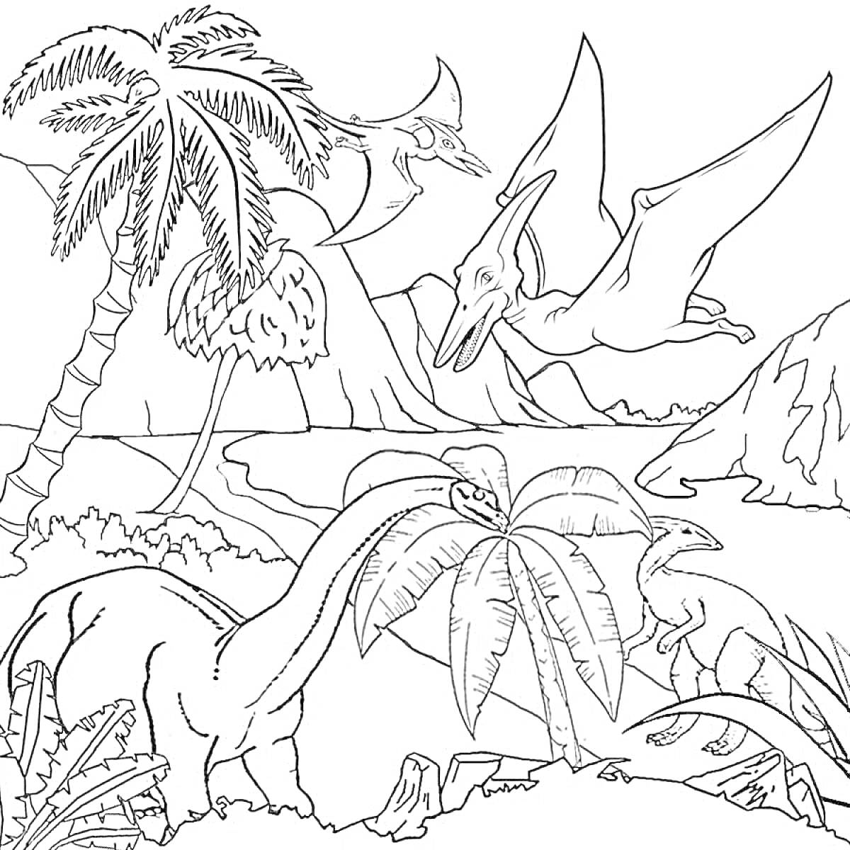 На раскраске изображено: Джунгли, Пальмы, Горы, Река, Динозавр