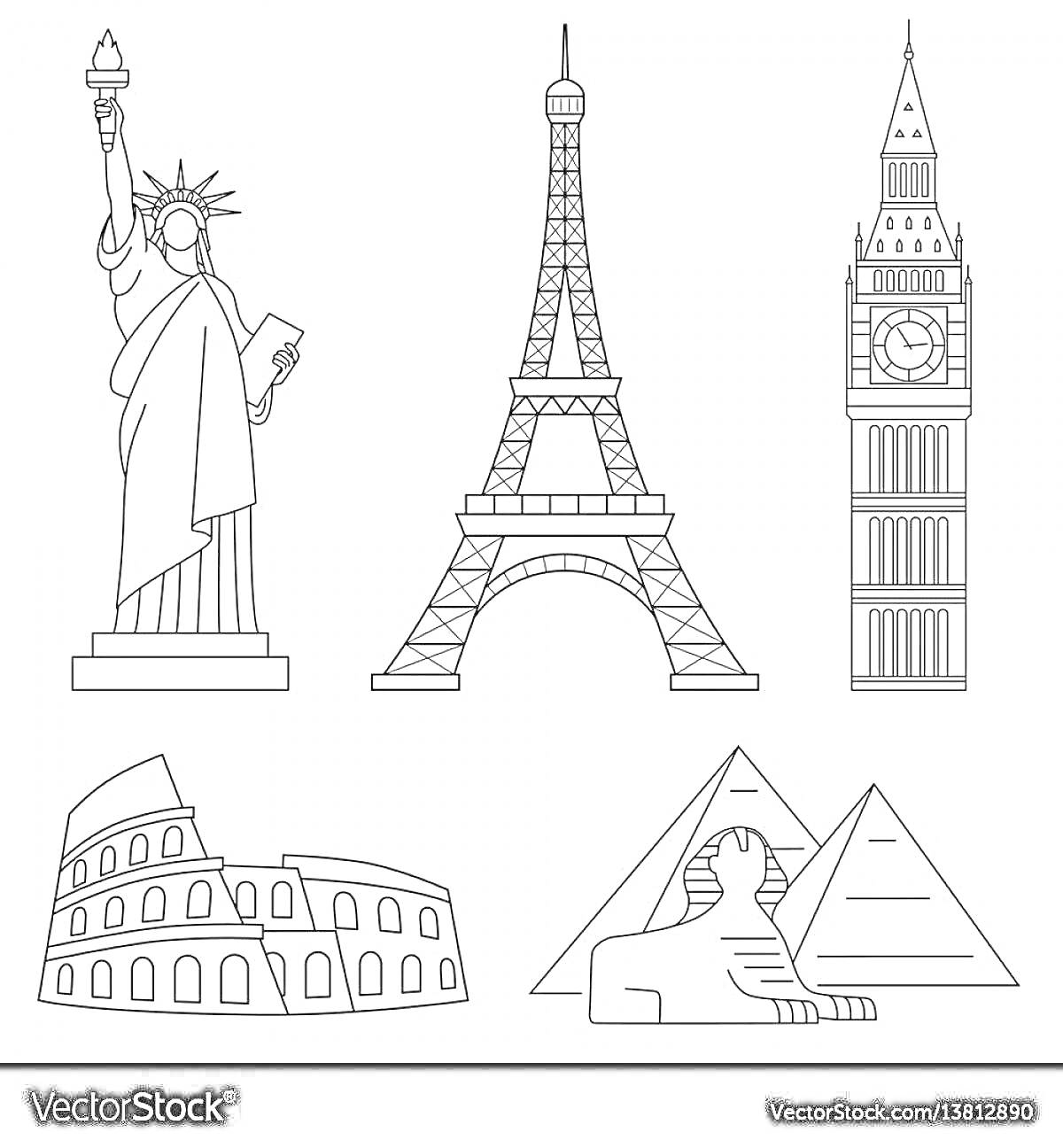 На раскраске изображено: Статуя Свободы, Эйфелева башня, Биг Бен, Колизей, Сфинкс, Памятники, Достопримечательности