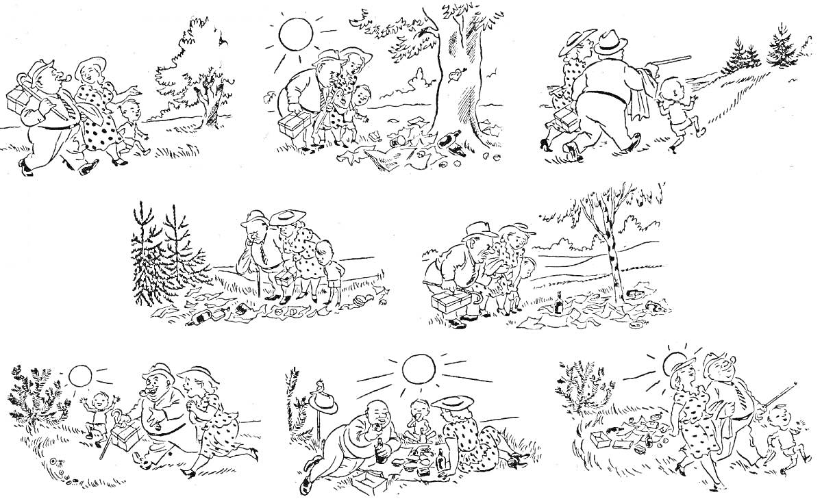 Раскраска Дети в лесу, солнце, деревья, кусты, цветы, костёр, палатка, дети на лугу, дети у ручья, дети собирают мусор