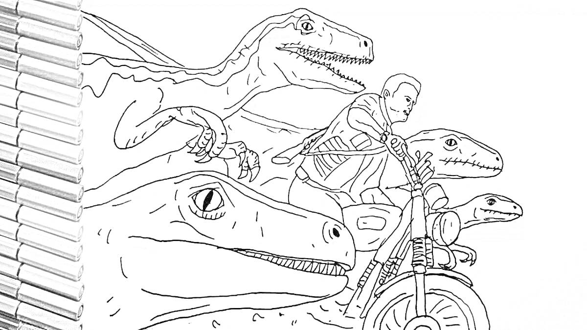 Человек на мотоцикле в окружении четырех динозавров